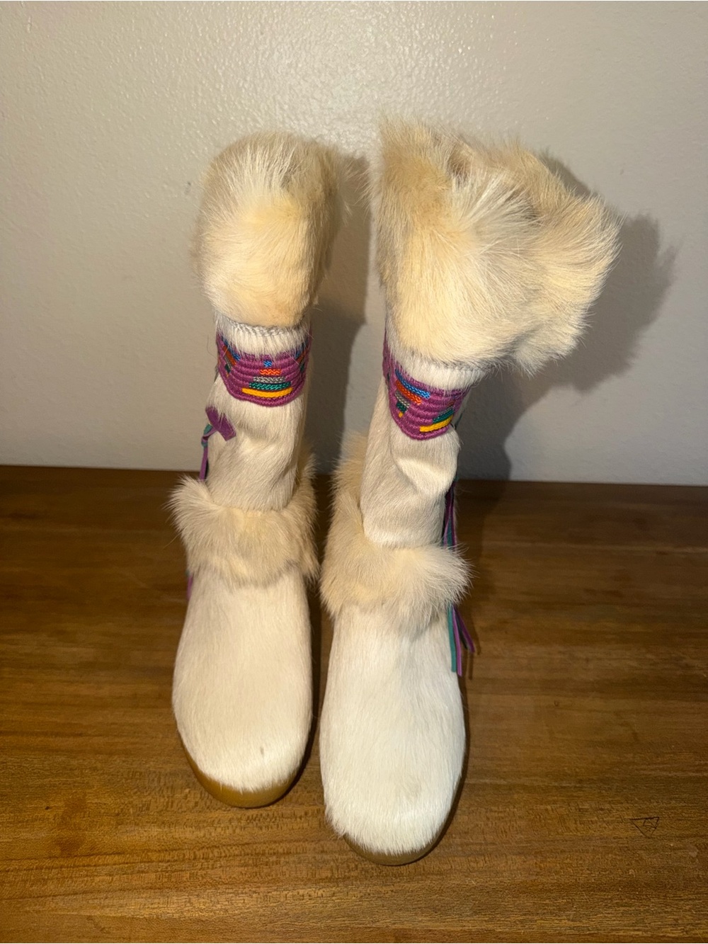 Tecnica Cream Fur-Trim Winter Boots with Multicolor Beaded Cuffs